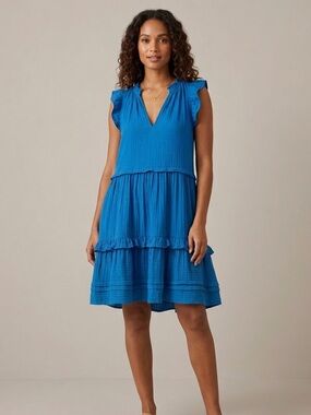 Me+Em Sz 8 Cheesecloth Lapis Blue Gauze Tiered Cotton Summer Dress